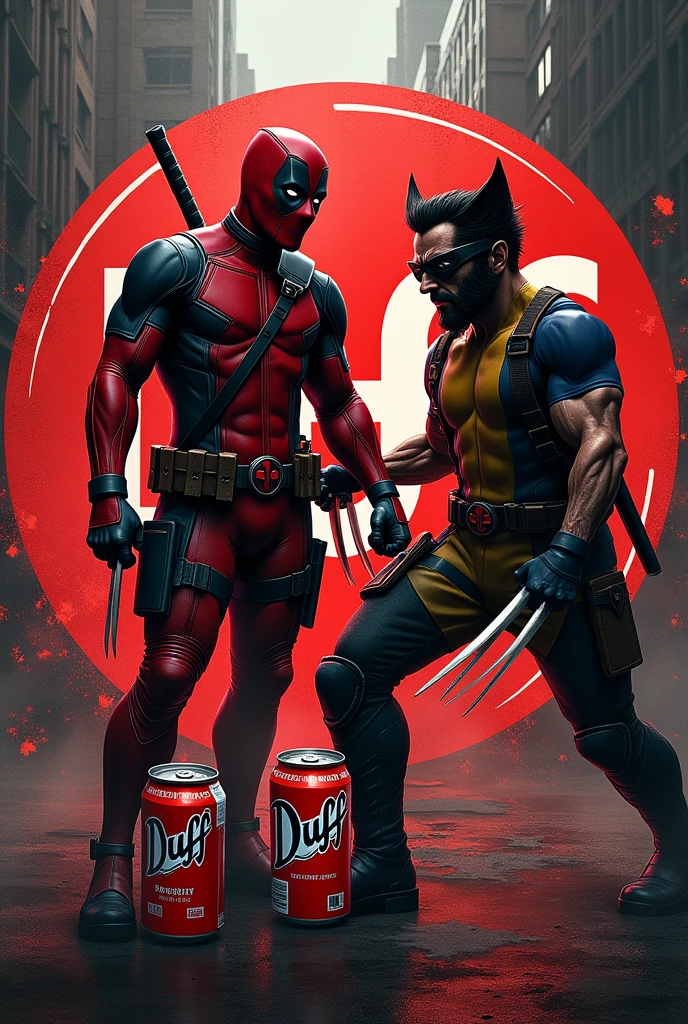 Deadpool. And Wolverine grabs a round logo with red and black color with the letter DUFF and outside the letter WORD and several cans of Duff beer
