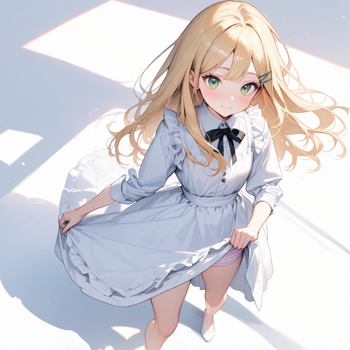 (masterpiece), (Highest quality), High resolution, (Very detailed), (Best illustrations), (Best Shadow), (Beautiful girl), (Absurd), (White background), (White Room), (White carpet), 

My Little Sister Can&#39;t Be This Cute, (Kirino Takasaka), (kirino kousaka), 
Blonde, Long Hair, Hair Clip, Green Eyes, bangs, Shyness, smile, Pitiful, 

 (Highly detailed face), Thin legs, 
(One person、solo:1.6), Big eyes,slender, Beautiful Skin, clear, 
whole body, Full Shot, 

Short skirt maid outfit, ribbon pink striped underwear, White frilly underwear, Underwear with a small ribbon,
(Skirt Lift:1.5),(Grab your skirt:1.5), 

View from the front, 