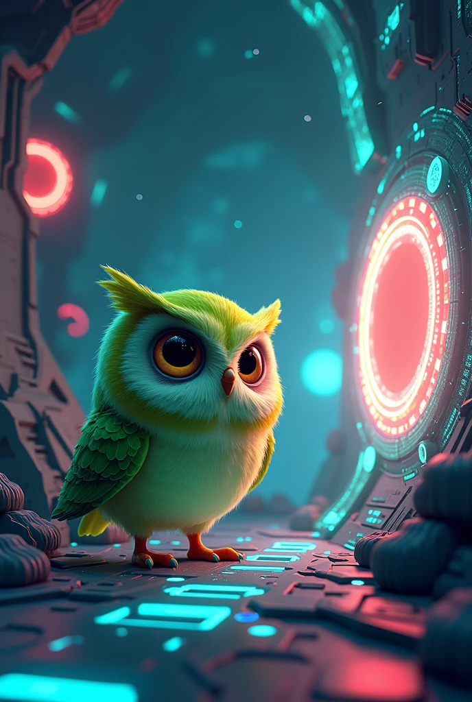 Create a background with an electronic universe in which a cartoon-style green owl travels between portals.