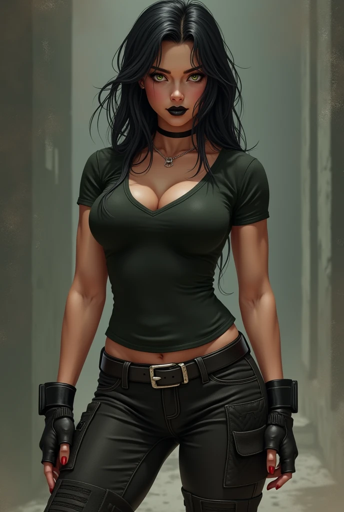 brunette woman, greeneyes, blackquality hair, turned legs, muscular arms, alta e musclegirl, wearing combat boots and red nails, black lipstick, T-shirt with neckline, standing, with combat boots, musclegirl