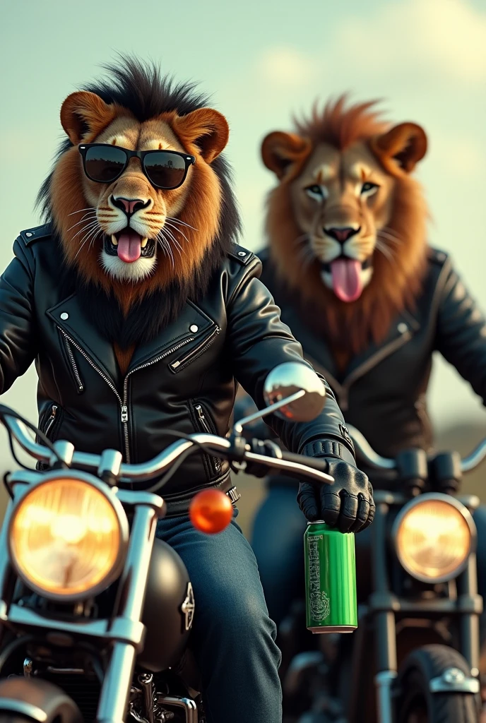 (photorealism: 1.2), two lions riding motorcycles, one has completely black mane and the other brown, the two lions have leather jackets and gloves with sunglasses, one of the two has its tongue out and both have the tongue out, the two lions inspire freedom, they both have a green beer can in their hands, the cans have no signs, the focus of the photo is to promote the beer