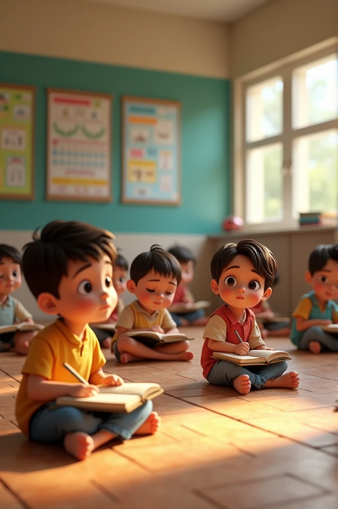 Generate cenimatic 3d cartoon style "children sitting on open floor in government school for study"