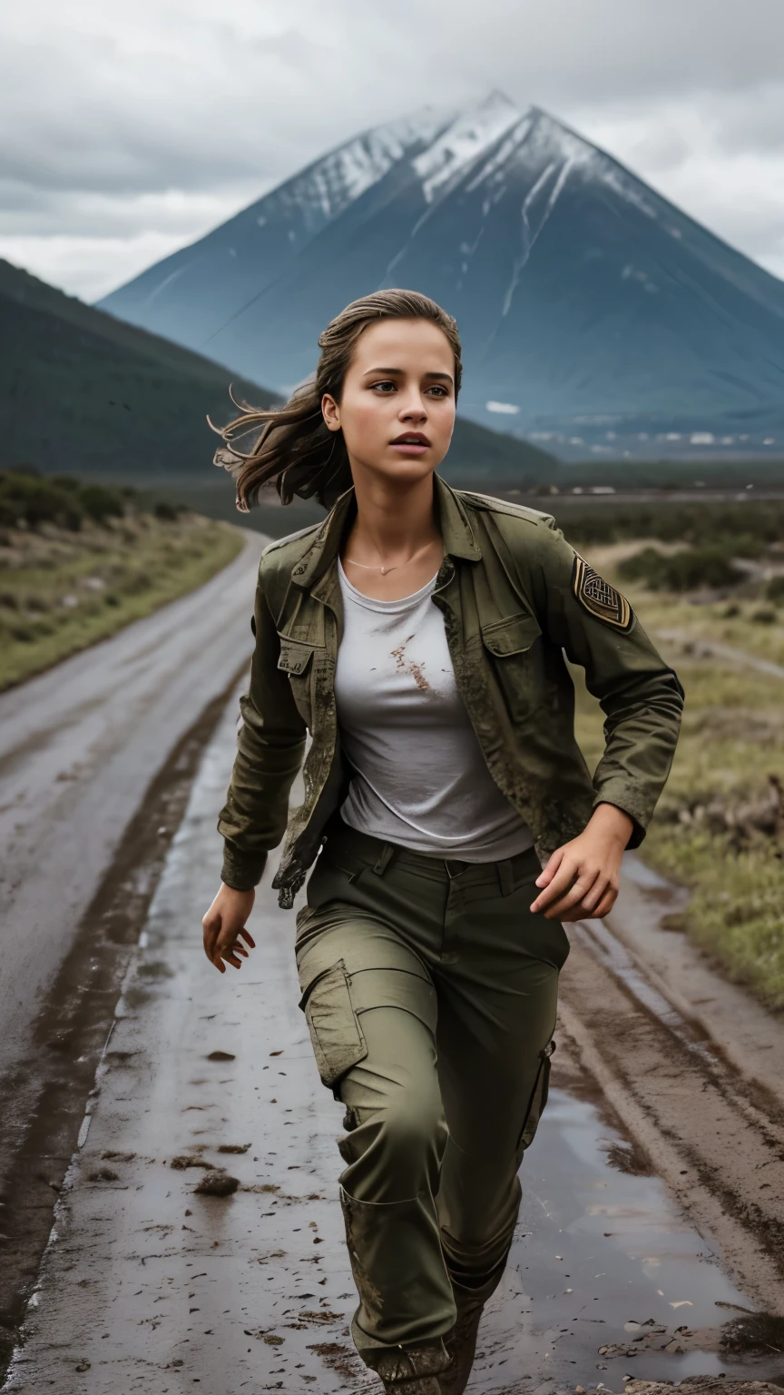 Foto hiperrealista en primer plano de 20 years old Alicia Vikander, masterpiece, best quality, (photorealistic:1.4), full body, she is dirty, wear dirty green army uniform (dirty jacket over white t-shirt, dirty tactical pants), dirty clothes with stains, Depict an empty road, mountains in the background, a rainy day, a muddy road in the rugged style of the game's concept art. This work should evoke a sense of abandonment and despair in a futuristic, post-apocalyptic world. Notice the intricacies of detail, the sharp focus, grey sky, cinematic light, beautiful woman, skinny, medium breasts, straight dark blond hair, detailed face, photo taken from a distance, she is running very fast