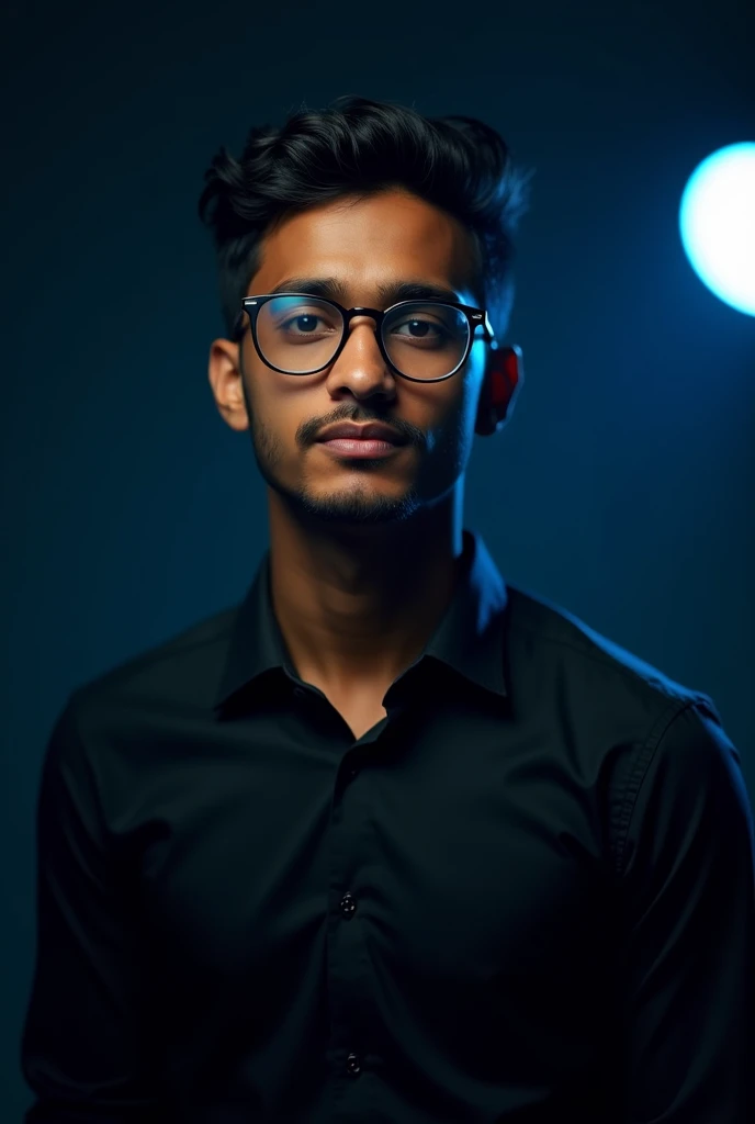 A photo of a 24-year-old professional wearing a black shirt standing in dark black background effect little blue light on backfround and 8k resolution Indian face with round spectacle professional style
