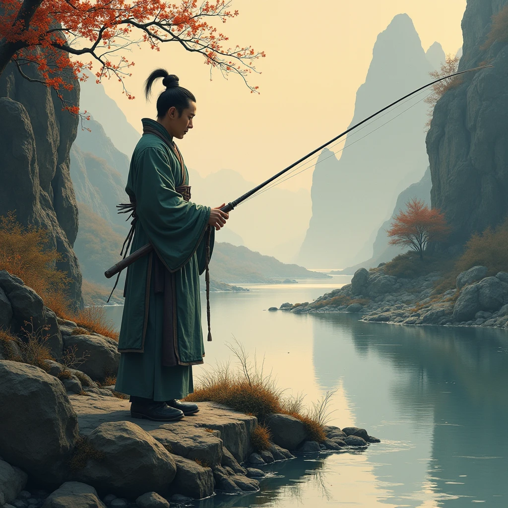 Black and white ink painting, Ancient Chinese style, A angler enjoy fishing. Beautiful cinematic lighting, surreal, color graded, dynamic movement, captivating chiaroscuro, full body, award-winning, cinematic still, emotional, vignette, dynamic, vivid, (masterpiece, best quality, photorealistic, Professional, perfect composition, very aesthetic, absurdres, ultra-detailed, intricate details:1.3)