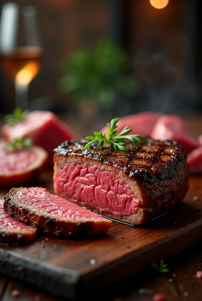 create a banner for a steakhouse, with the symbol that I am carrying for you, it needs to be attractive, and with colors that can be seen well at night, contain images of meat, and using colors and design that make you want to eat, Impressionism, Minimalism, wide shot, Nikon, Hyperrealism, UHD, super detail, best quality, highres, high quality