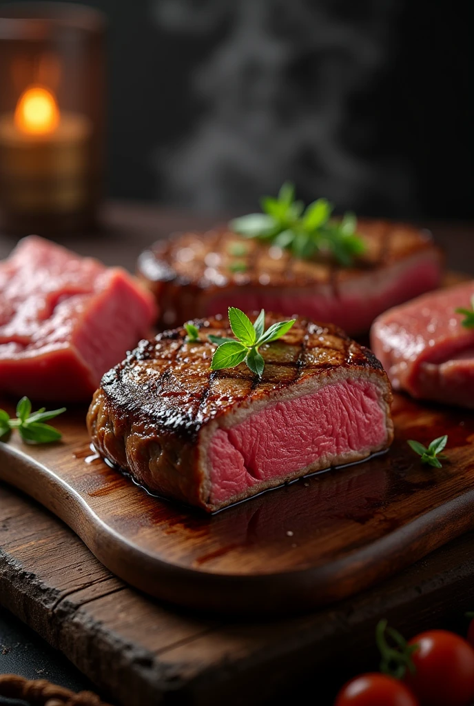 create a banner for a steakhouse, with the symbol that I am carrying for you, it needs to be attractive, and with colors that can be seen well at night, contain images of meat, and using colors and design that make you want to eat, Impressionism, Minimalism, wide shot, Nikon, Hyperrealism, UHD, super detail, best quality, highres, high quality