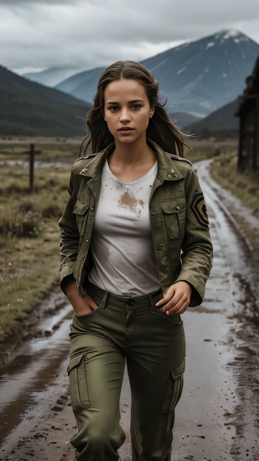Foto hiperrealista en primer plano de 20 years old Alicia Vikander, masterpiece, best quality, (photorealistic:1.4), full body, she is dirty, wear dirty green army uniform (dirty jacket over white t-shirt, dirty tactical pants), dirty clothes with stains, Depict an empty road, mountains in the background, a rainy day, a muddy road in the rugged style of the game's concept art. This work should evoke a sense of abandonment and despair in a futuristic, post-apocalyptic world. Notice the intricacies of detail, the sharp focus, grey sky, cinematic light, beautiful woman, skinny, medium breasts, straight dark blond hair, detailed face, photo taken from a distance, she is running very fast