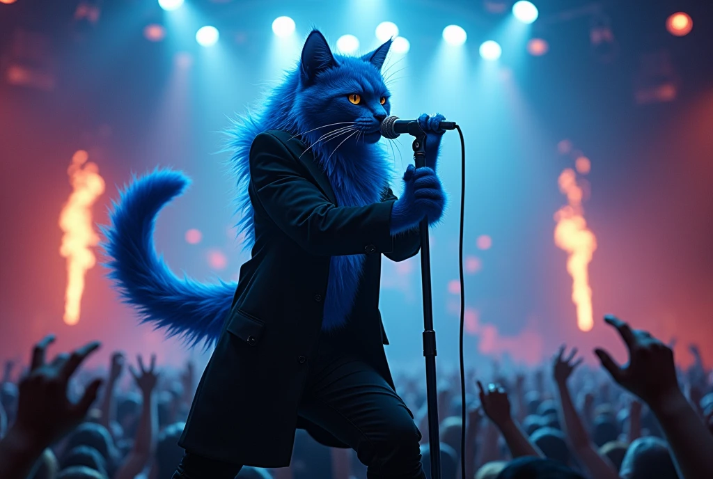 blue cat, on the stage, wearing black coat, blue hair, singing , microphone, rock concert, rock festival, screaming, singing, from below
