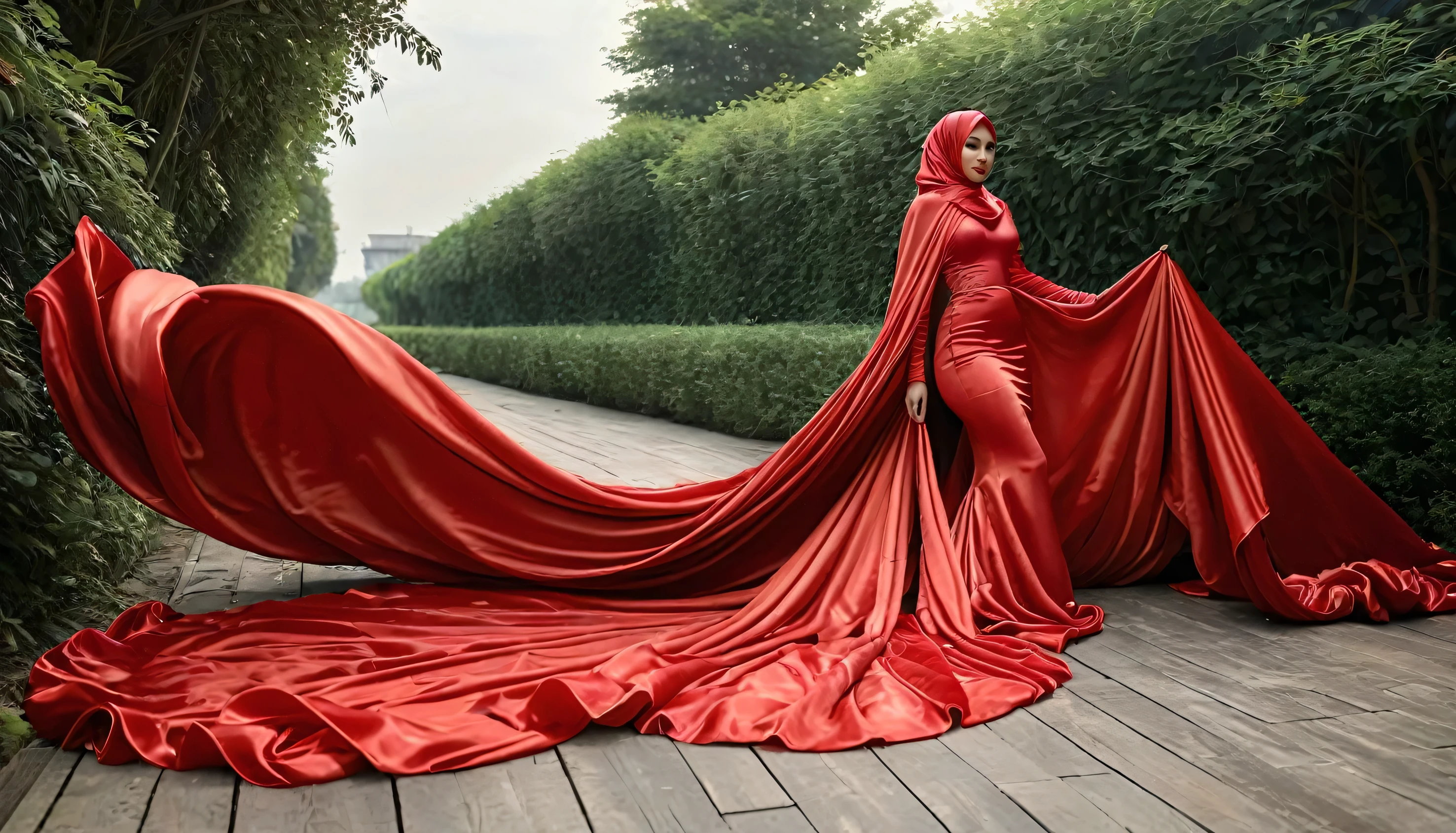 A woman shrouded in a 10-meter-long, plush red satin cloth, tightly bound and grandly draping along the form of her body, flowing off into a pooled floor-length train, styled in a mermaid-inspired outfit, her head modestly veiled in a satin hijab, tall woman, outdoor, a full-body pose conveying a sense of mysterious elegance, captured in a 4k resolution, ultra-realistic