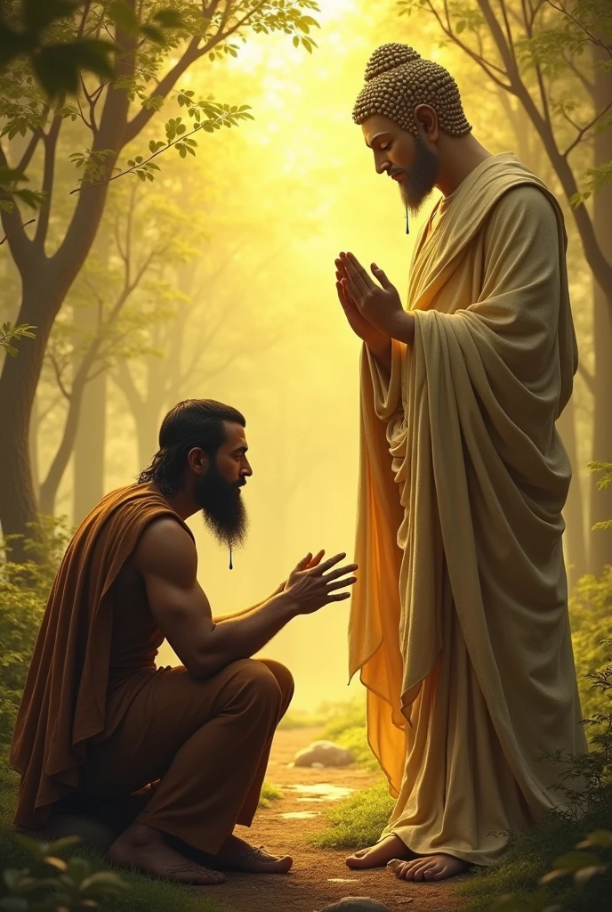 Create an image of crying poor man with beard kneeling down to standing buddha. Buddha is giving blessing to poor man. This is forest scene with golden color serene morning scene.