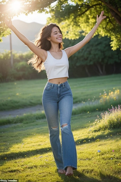 A vibrant, carefree woman dressed in a pair of well-fitted blue jeans and a white crop top, her brunette hair cascading down her back in soft waves. She's in the throes of an impromptu dance, her body moving with the rhythm of an unheard melody. The setting is a lush, sun-drenched meadow, where wildflowers of various hues form a picturesque carpet under her bare feet. The denim fabric of her jeans contrasts with the vivid greenery around her, creating a focal point that draws the eye. The woman's expressive face is a canvas of pure joy, her eyes closed and a wide smile playing on her lips as she twirls in the warm embrace of the afternoon sunlight. Her arms are outstretched, and her fingers trace patterns in the air as if conducting an invisible orchestra. In the background, the scene is framed by the majestic silhouette of a distant mountain range, with fluffy white clouds lazily drifting across a cerulean sky. The soft focus and warm tones of the photograph enhance the sense of freedom and abandon in her dance, inviting the viewer to step into the moment and share in her unbridled happiness.