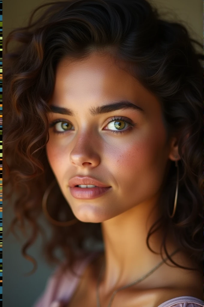 Young woman latina curly and brown hair green eyes