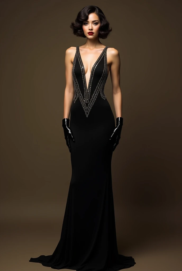 1920s femme fatale, elegantly dressed in a sleek black floor-length gown with a plunging neckline and intricate beading, short wavy bobbed hair with a finger wave, bold dark red lipstick, exuding danger and seduction, pinup, full body shot, standing