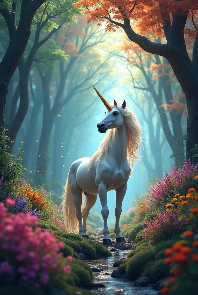 Unicorn in a large, very colorful forest
