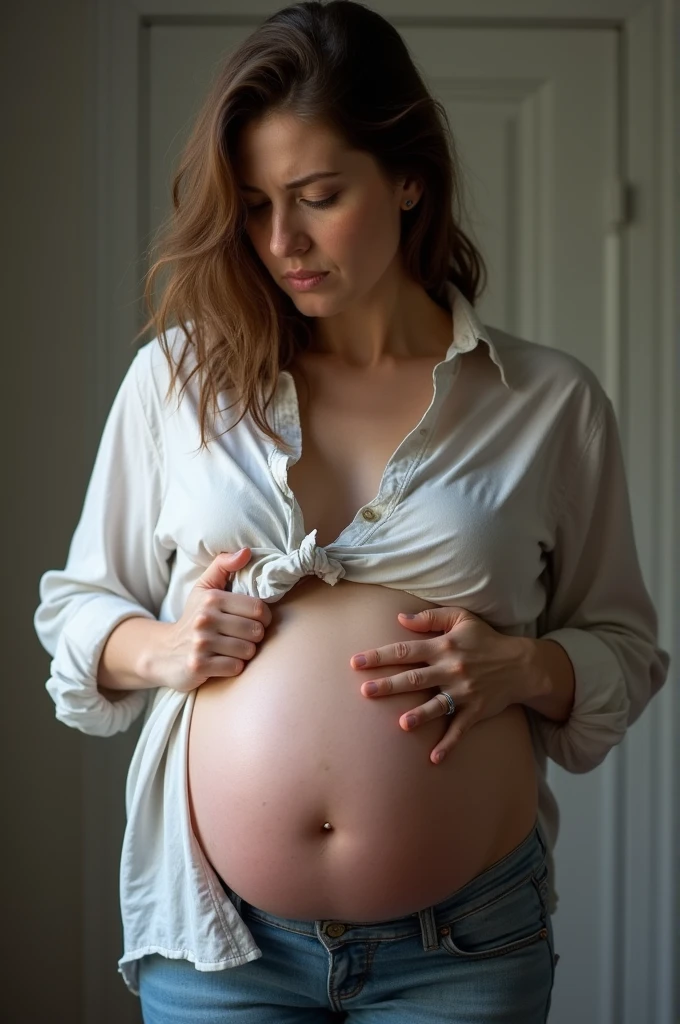 Her belly is so big that her shirt is torn.