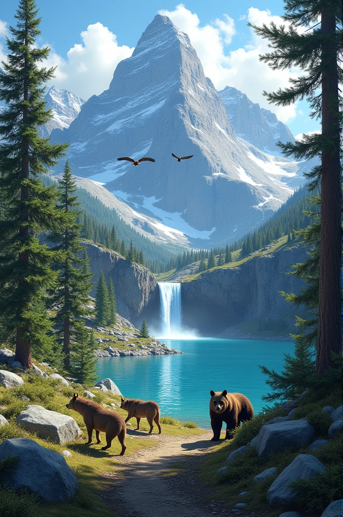 Cold mountain forest, with wolves and brown bears , flying eagles.
In the background, one of the mountains has a beautiful waterfall falling into a clear lake.