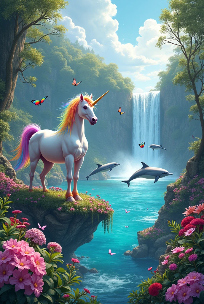 A landscape with a unicorn, dolphins, waterfalls, a bit of everything, lots of vegetation, lots of flowers, and where the unicorns are eye-catching and the dolphins are eye-catching too, and where it has rainbow butterflies and where the unicorn&#39;s hair is rainbow.