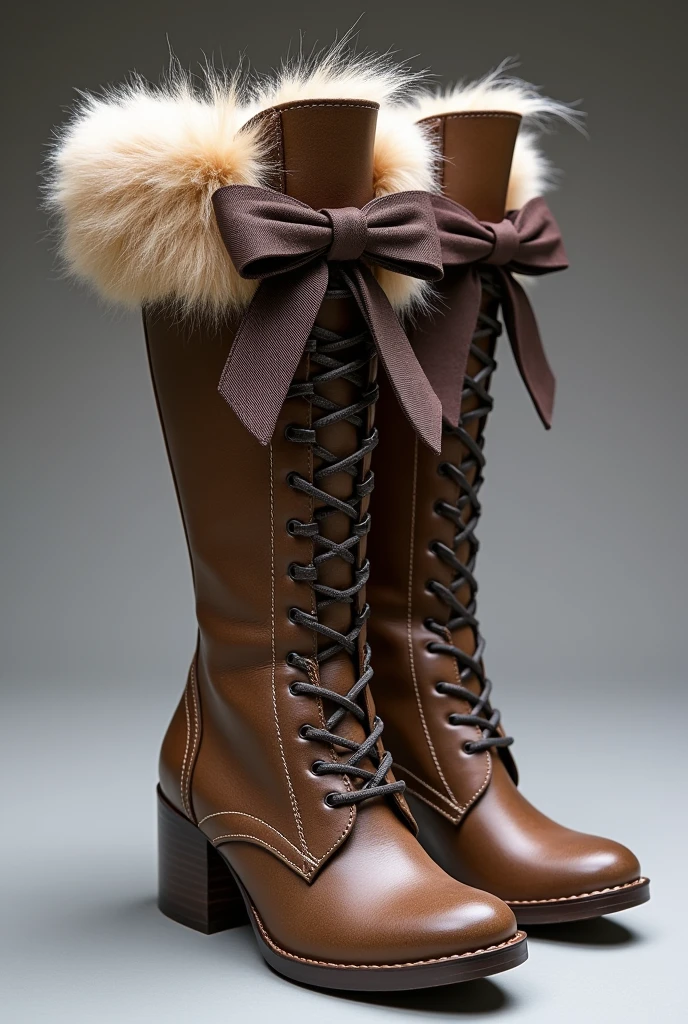 A "Claire hum" boots, has a lace and a bow and a fur. Also they are high and has a special details