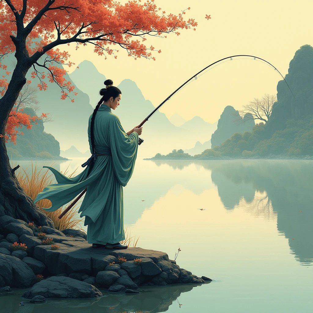 old book style ink illustration, Ancient Chinese style, A angler enjoy fishing. Beautiful cinematic lighting, surreal, color graded, dynamic movement, captivating chiaroscuro, full body, award-winning, cinematic still, emotional, vignette, dynamic, vivid, (masterpiece, best quality, photorealistic, Professional, perfect composition, very aesthetic, absurdres, ultra-detailed, intricate details:1.3)