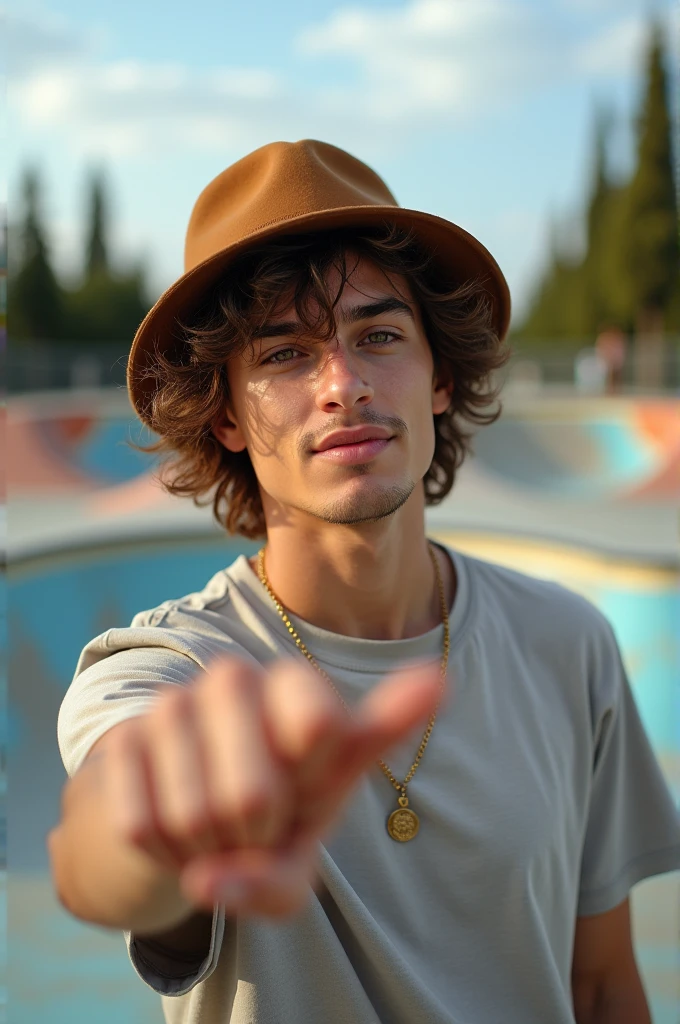 Can you give me a picture of a 23 year old man in a skatepark with a Skaterstyle and a nice hat posing 🤘🏻 into the camera and his face sideways to the camera?