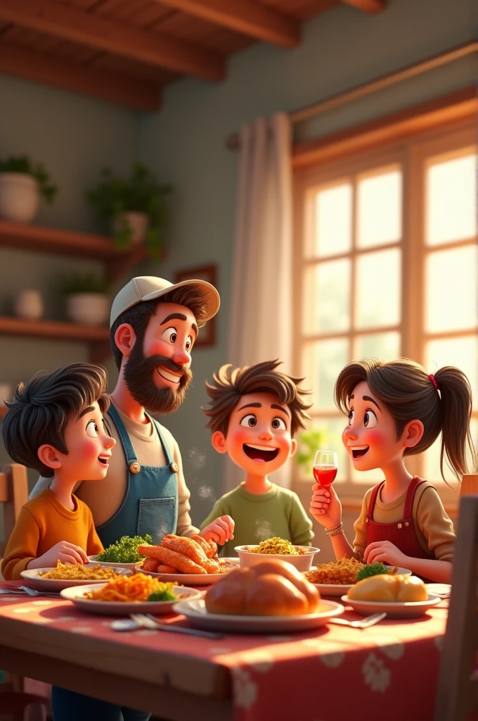In cinematics 3d cartoon style "The farmer sitting with his family at home, sharing a simple yet hearty meal. The room is warm and inviting, with the family smiling and talking happily, enjoying the results of the farmer's hard work."