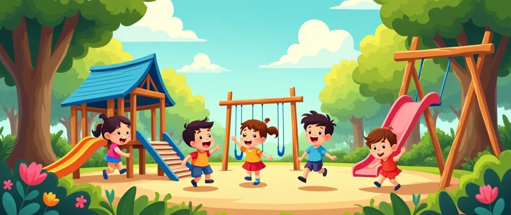 the image has children playing, coloque um playground, but leave a free space centered in the image and remove the children from the center of the image
