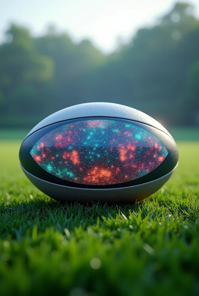 An image of a digital led screen shaped like a rugby ball on a field. Must have visuals playing on it