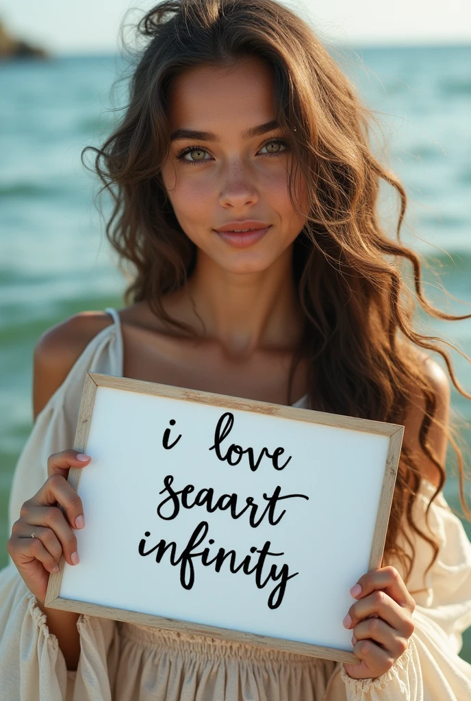 Beautiful girl with wavy long hair, bohemian dress, holding a white board with text "I Love Seaart Infinity" and showing it to the viewer