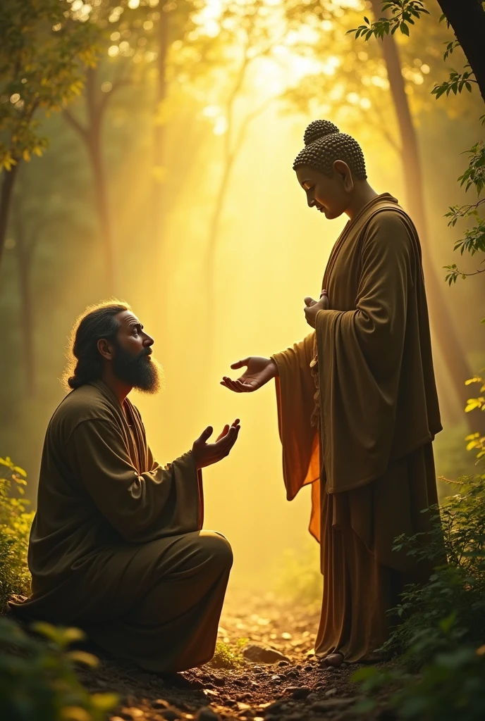 Create an image of crying poor man with beard kneeling down to standing buddha. Buddha is giving blessing to poor man. This is forest scene with golden color serene morning scene. Buddha is clean shave face.