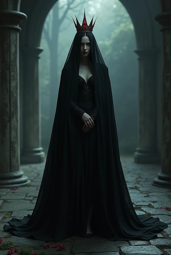 Once upon a time there was a very evil queen in a black dress, a black veil, black high heels and a ruby crown.