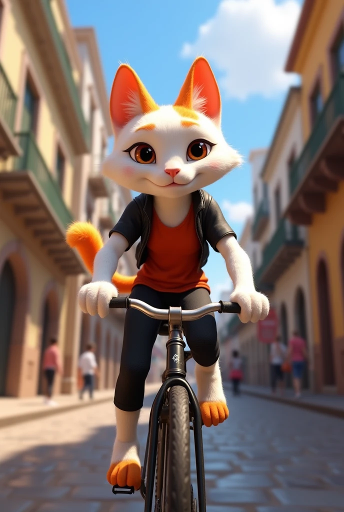 Create a Zootopia-style image of a white cat with orange accents near the ears and on its face and orange tail, your eyes will be brown, will be wearing a red and black shirt and black pants, will be cycling through the streets of Recife Antigo