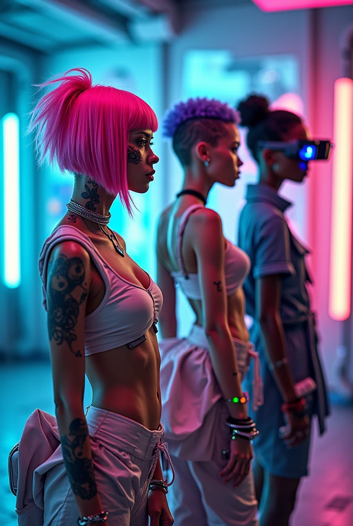 Create a photorealistic image of a group of four diverse and stylish models wearing highly futuristic, sustainable fashion designs with a strong gaming, kawaii, and fantasy influence. The first model has vibrant pink hair in a sleek, asymmetrical bob, with glowing neon tattoos visible on their arms. They wear a sky blue and light gray outfit with augmented reality (AR) displays embedded in the fabric, featuring holographic accessories and chunky, metallic boots. The second model has short, pastel purple hair and elaborate face piercings, dressed in a black crop top with LED-embedded sequins, teal shorts with fur trim that emits a soft glow, and platform sneakers that change color. The third model rocks a cyberpunk look with a high fade haircut, intricate biomechanical tattoos, and an olive green jacket with animated patterns, paired with teal cargo shorts that have holographic patches and knee-high, tech-infused boots. The fourth model sports an afro with streaks of silver, accessorized with augmented reality glasses, wearing a long pink and gray overcoat with dynamic color-shifting panels, over an orange and blue outfit that includes integrated LED lights and anime-inspired graphics. The background is a high-tech, futuristic studio with holographic displays and robotic elements. The lighting is soft but highlights the vibrant colors and textures of the clothing, with a focus on sharpness and clarity. Captured in high resolution, this image is ideal for an Instagram post.