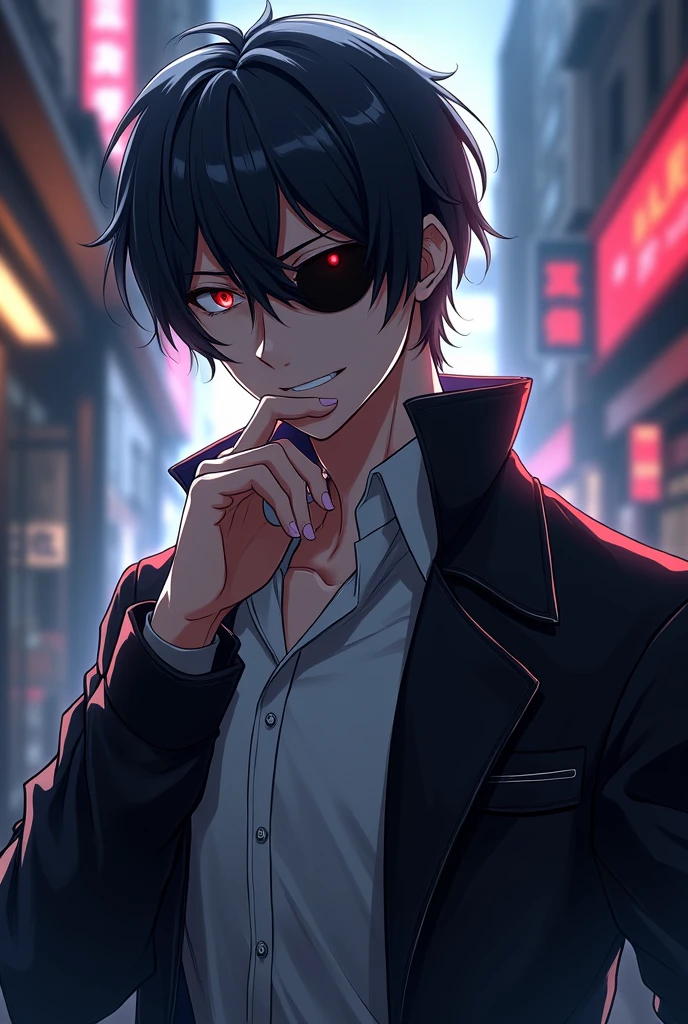 Japanese anime panel: a young man with medium hair, cor preto, an eye patch on the left side, red colored eye, white shirt with a black cyberpunk style overcoat, he is under a sidewalk, in the middle of a city, Grinning, with your right hand close to your chin