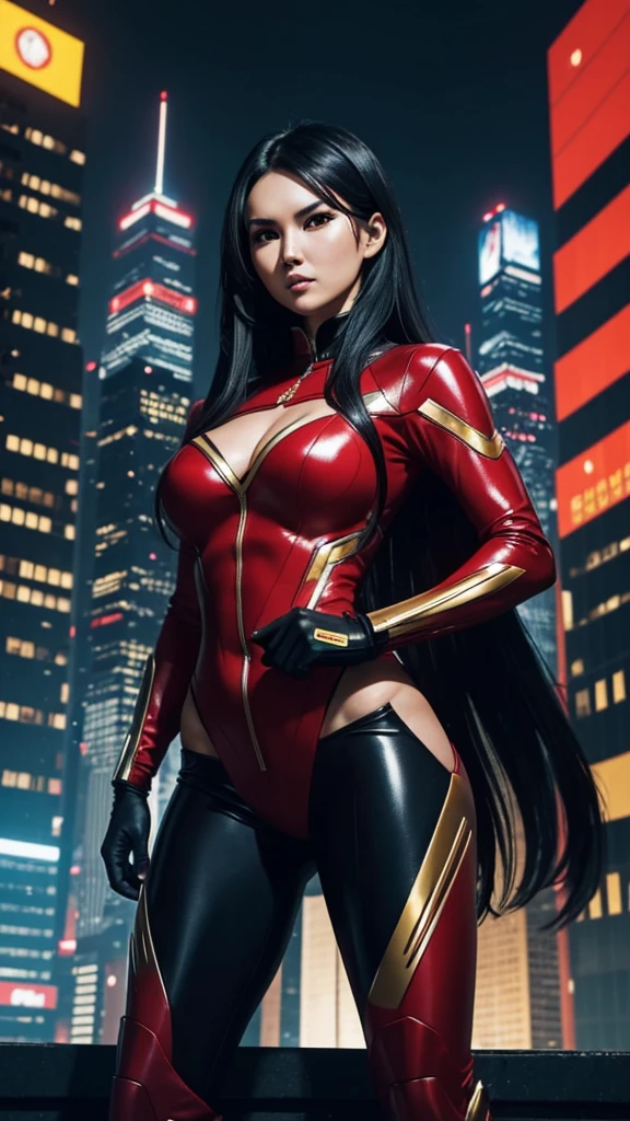 A 35-year-old Maria Ozawa with long black hair, wearing a tight red and gold suit inspired by a superhero who uses advanced technology. The background is a futuristic city with tall buildings glowing in the night