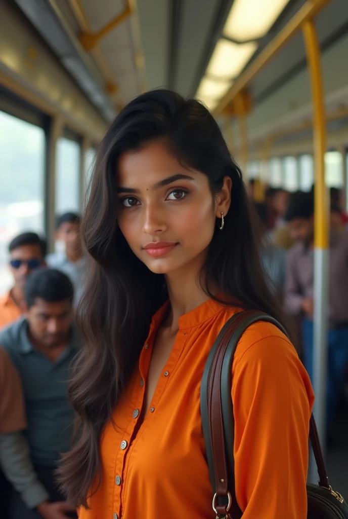Simple beautifil indian girl mole in her face.going office in local train standing wearing orange kurti and open hair with laptop bag 