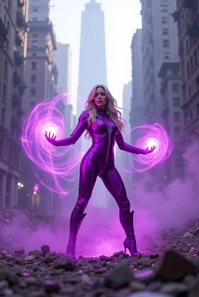 Dove Cameron in purple kpop stage outfit, purple Scarlet Witch powers, against a backdrop of a destroyed city.