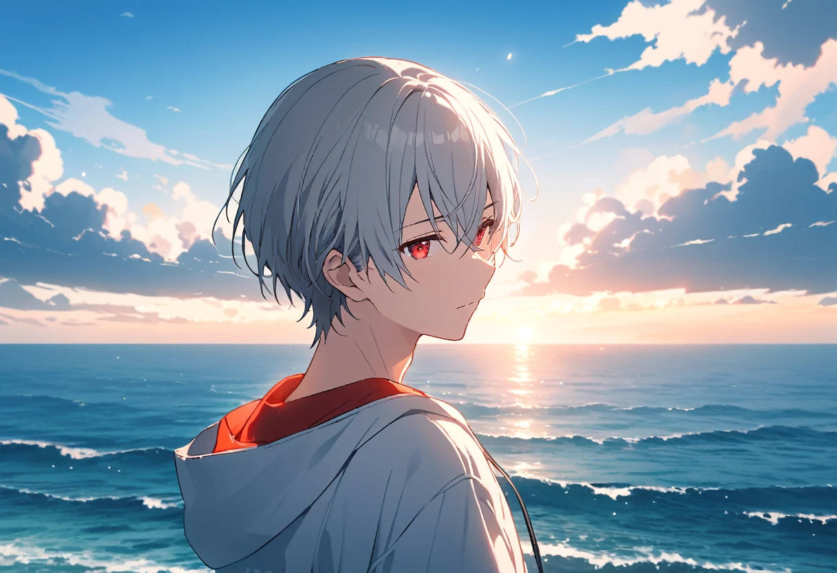 good looking, alone, 1 male, Gray Hair, Red eyes, shirt, Black and white hooded, noon, White Light,cute目,Short hairstyle,cute,Falling from the sky,綺麗なsummerの空,Lots of white clouds,summer,Ocean,Glittering scenery,bright,Blue sky,looking at the camera