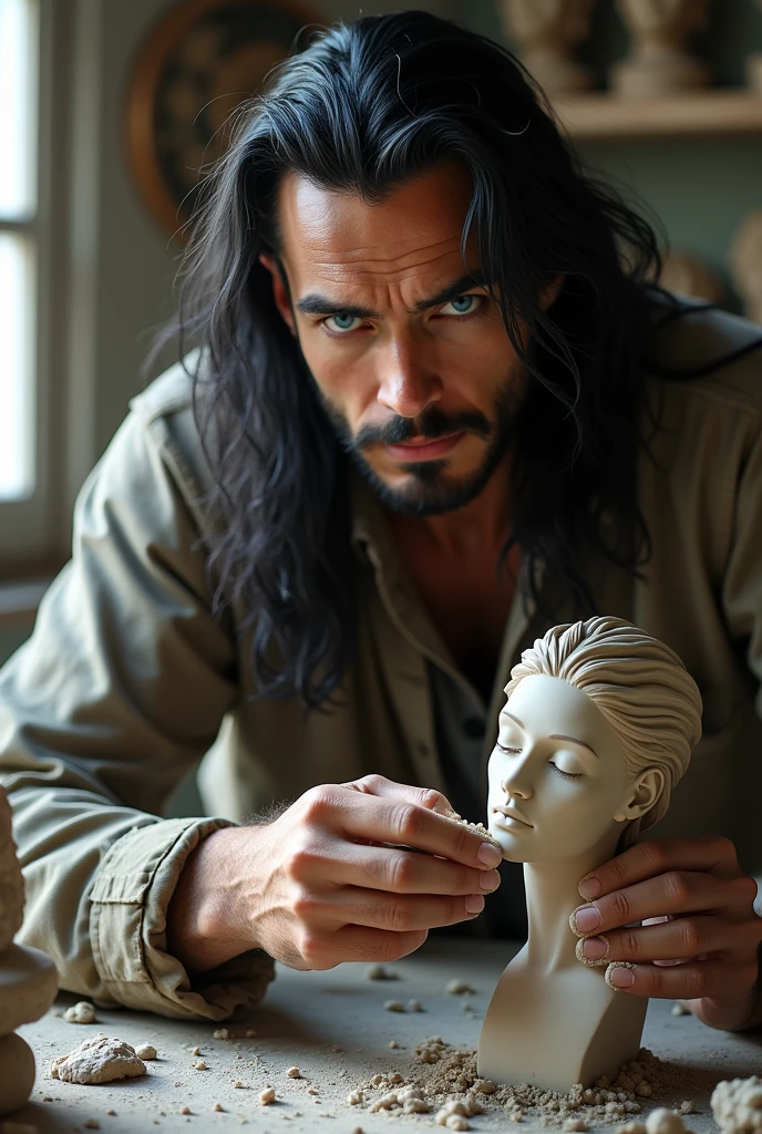 ((35 YEAR OLD BOY, LONG BLACK HAIR,blue colored eyes, SCULPTING A BUST, WITH STAKES IN HAND, sculptor))