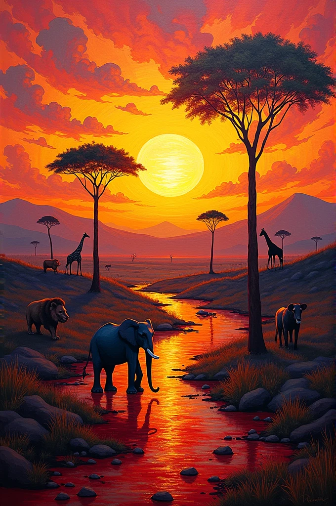 sunset in the African savannah in abstract style, intense and vibrant colors multi-detailed,