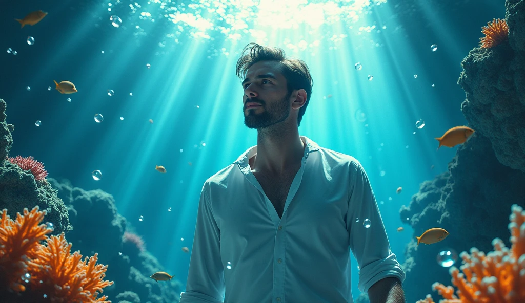 (masterpiece, best quality), underwater. The underwater environment is brightly lit with sunlight streaming through the water's surface, creating shimmering light patterns. The background features colorful coral, small fish, and bubbles around the man,