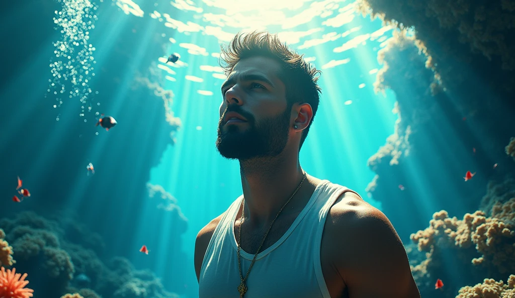 (masterpiece, best quality), underwater. The underwater environment is brightly lit with sunlight streaming through the water's surface, creating shimmering light patterns. The background features colorful coral, small fish, and bubbles around the man,
