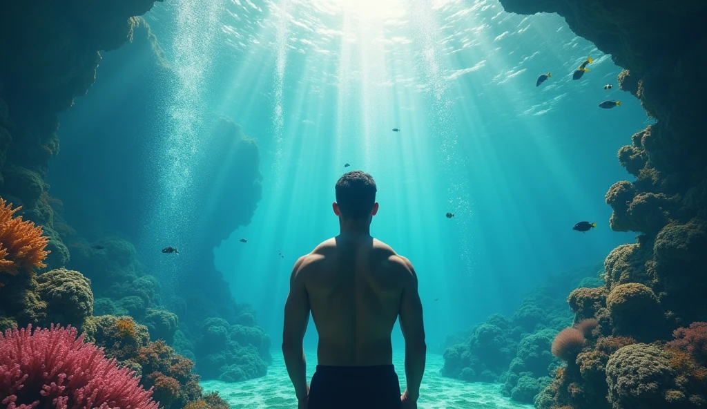 (masterpiece, best quality), underwater. The underwater environment is brightly lit with sunlight streaming through the water's surface, creating shimmering light patterns. The background features colorful coral, small fish, and bubbles around the man,