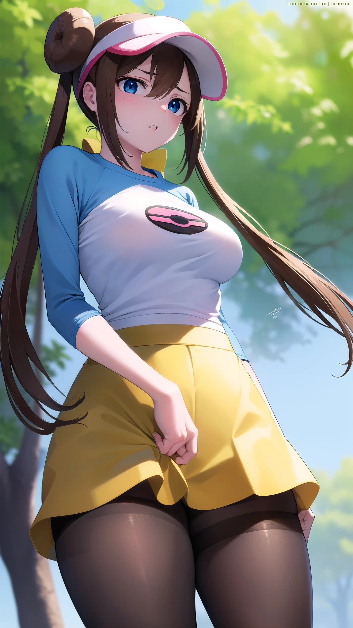 Rosa, Rosa, Brown Hair, Double Bang, doughnut Hair Bun, Hair Bun, blue eyes, Hair between the eyes, Twin tails, Large Breasts, Open your mouth,
break pantyhose, (Pantyhose under shorts), Raglan sleeves, skirt, (yellow skirt), White shirt, Blue Sleeve, Long sleeve, Visor Cap,
break looking at viewer, Upper Body, whole body,
break outdoors,
break (masterpiece:1.2), Highest quality, High resolution, unity 8k wallpaper, (figure:0.8), (Beautiful attention to detail:1.6), Highly detailed face, Perfect lighting, Highly detailed CG, (Perfect hands, Perfect Anatomy),((((Disgusted)))),pussy line,(from below),