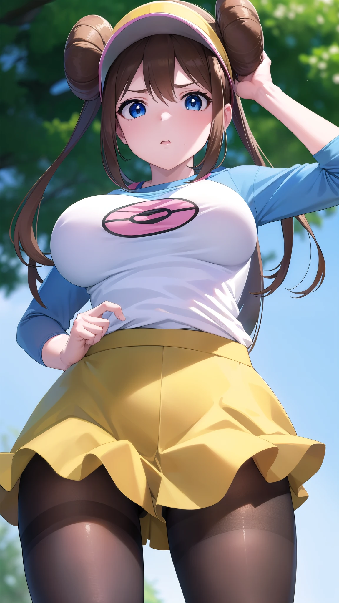 Rosa, Rosa, Brown Hair, Double Bang, doughnut Hair Bun, Hair Bun, blue eyes, Hair between the eyes, Twin tails, Large Breasts, Open your mouth,
break pantyhose, (Pantyhose under shorts), Raglan sleeves, skirt, (yellow skirt), White shirt, Blue Sleeve, Long sleeve, Visor Cap,
break looking at viewer, Upper Body, whole body,
break outdoors,
break (masterpiece:1.2), Highest quality, High resolution, unity 8k wallpaper, (figure:0.8), (Beautiful attention to detail:1.6), Highly detailed face, Perfect lighting, Highly detailed CG, (Perfect hands, Perfect Anatomy),((((Disgusted)))),pussy line,(from below),