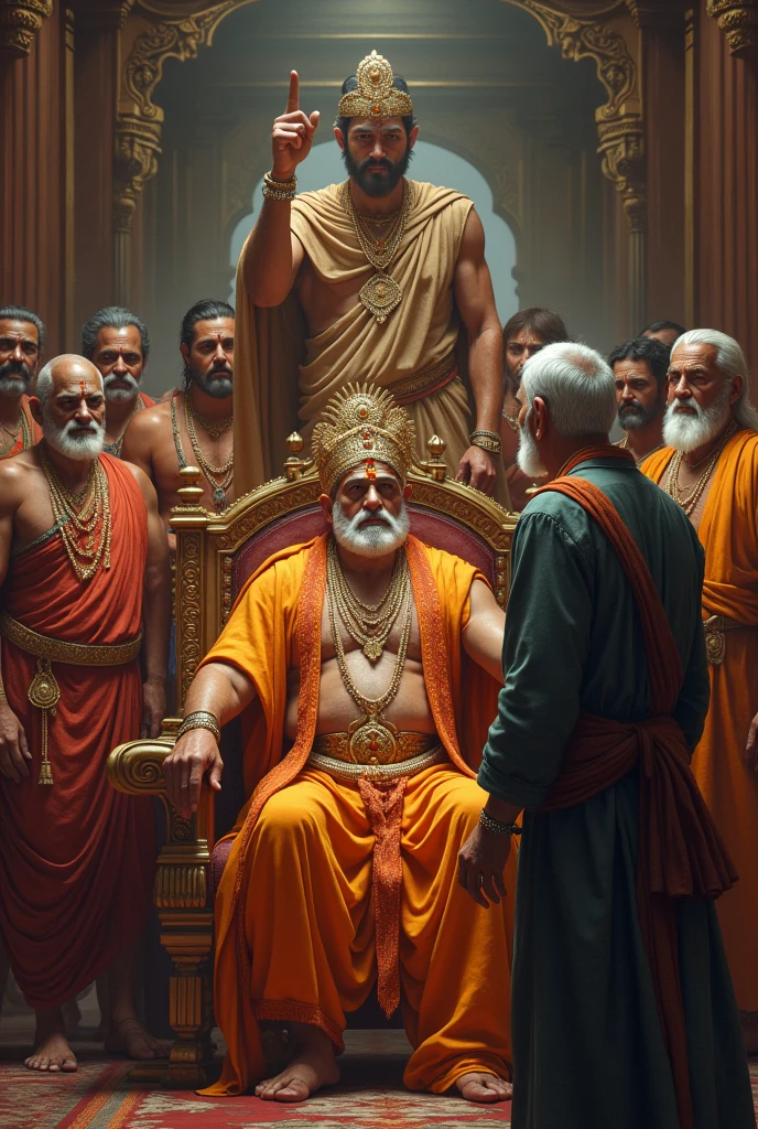 Indian middle aged Maharaja and other indian middle aged mantris sitting in a Senate. Indian aged priest standing infront him. The priest challenging the king pointing finger.