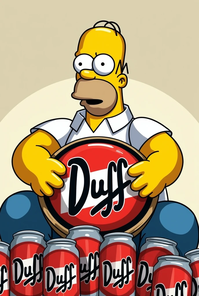 Homer grabs in the middle a round logo with red and black color with the letter DUFF and Outside WORD and several cans of duff beer