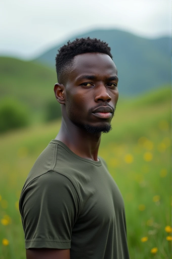 Generates an image of a young dark-skinned man with a neutral facial expression and closed mouth in the countryside, The person should be standing straight, facing the camera and your upper body should be visible, The lighting must be balanced without shadows or overexposed areas.