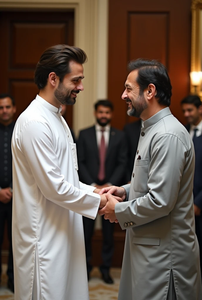 young man wear pakistani white dress hand shake with prime minister of pakistan Imran khan in and see to the camera man