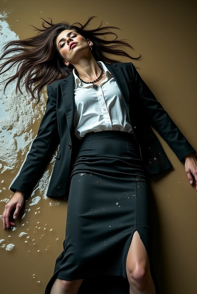 Realistic photo of one slim business goth lady, model appearance with long hair. She is wearing a long black business pencil skirt..(very exhausted and very tired, and very torn) made of cotton fabric, black business Jacket made from cotton and wool fabric. black business vest, white muddy shirt, stockings, black necklace on the neck. She is in a very dirty and very flooded office.. She was lying on her back, leaning on your elbows, deep in dirty water and liquid mud, She smears a lot of liquid mud on her black business pencil skirt, Jacket, vest, shirt, stockings, face, hair from head to toe. Her skirt and Jacket extremely stained and covered with liquid mud, dirt and stains from it, which has flows down from her Jacket, shirt to her skirt, creating a sloppy and dirty look. The light brightly illuminates all her outfits in detail.., casting small shadows and highlighting the texture of the liquid mud on her clothes. Camera angle from above and turned at a different angle from a business lady.